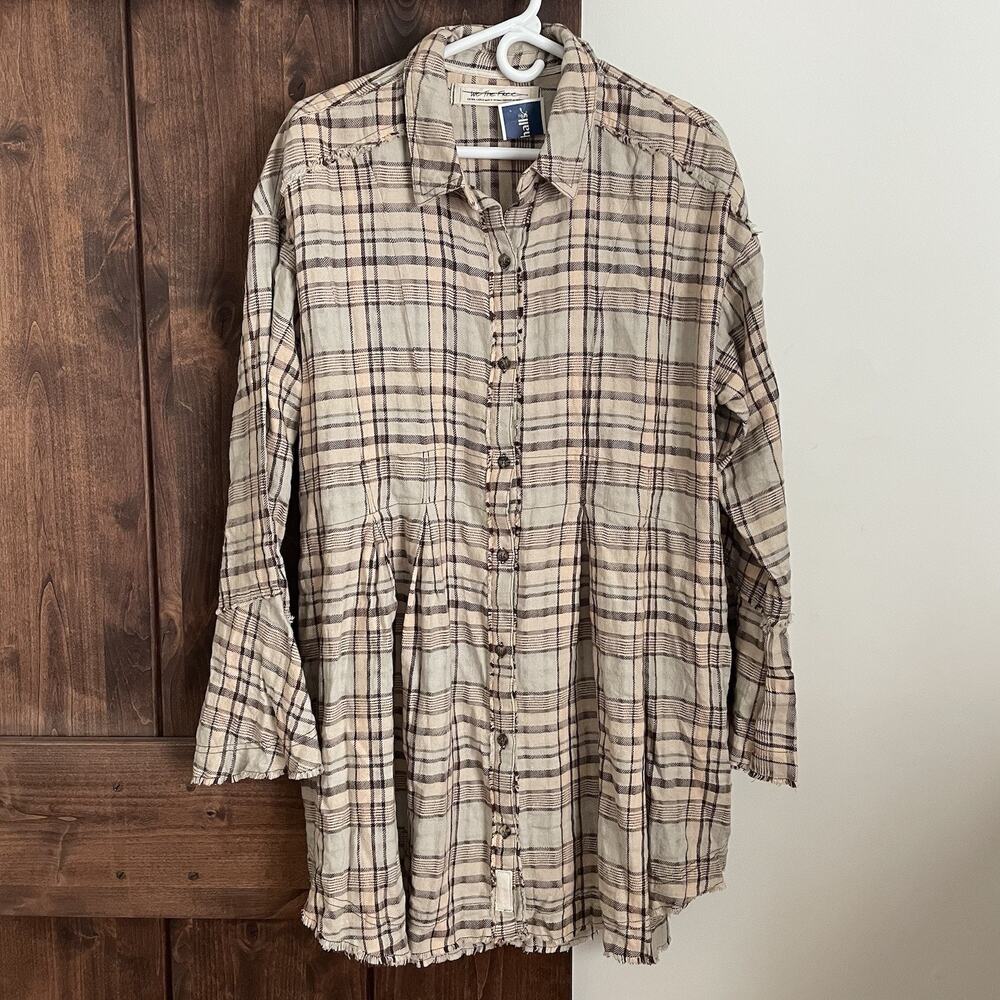 NEW We The Free Plaid Tunic Dress Brown XL button Up Bell Sleeves Boho Western